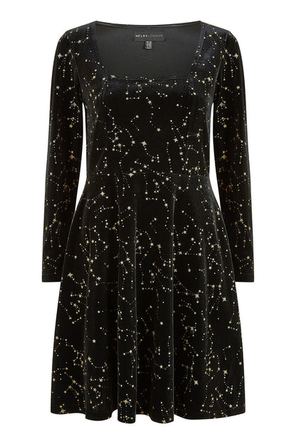 Mela Black Star Foil Print Long Sleeve Skater Dress