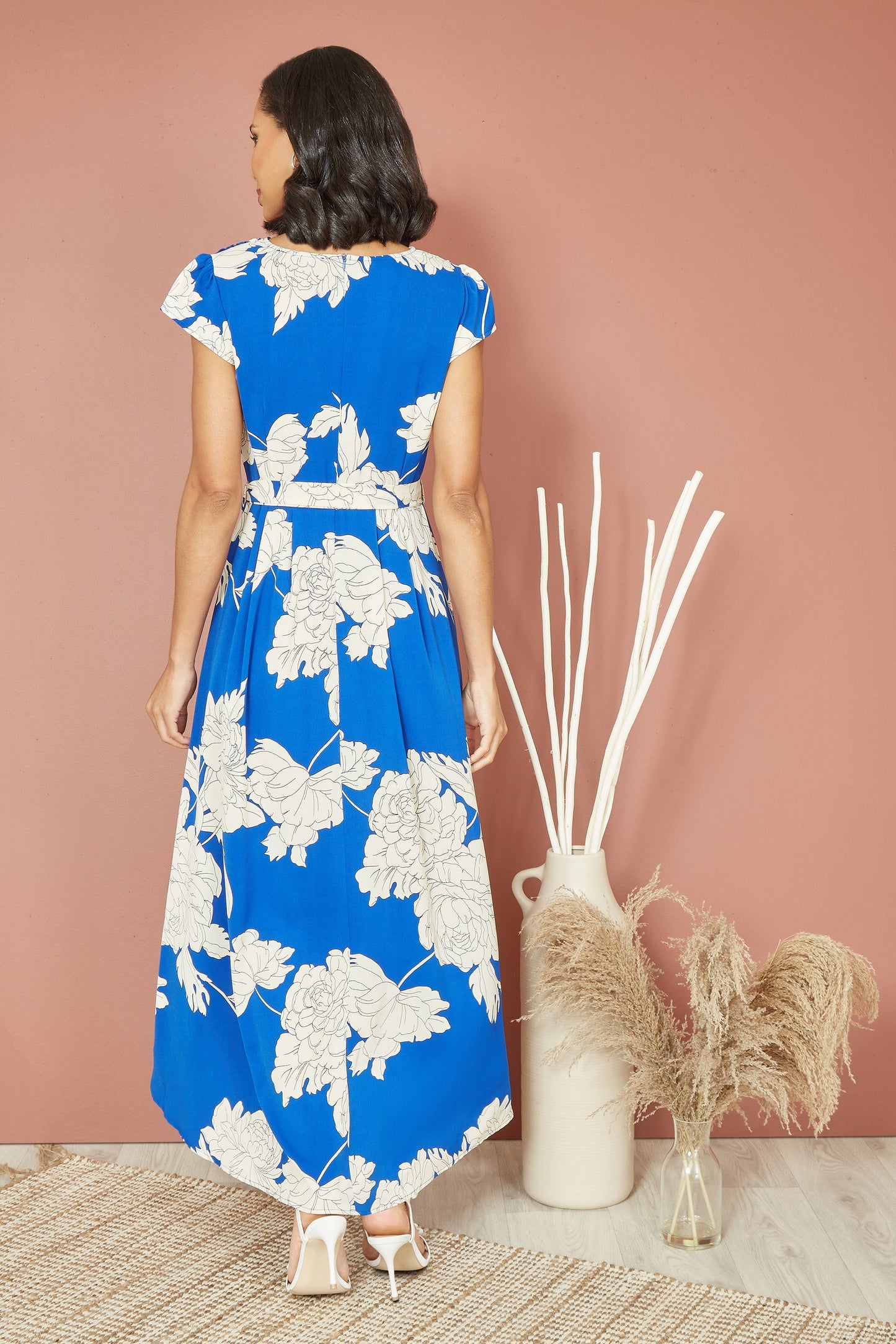 Yumi Blue Blossom Print Wrap Midi With Dipped Hem