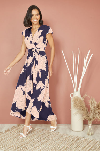 Yumi Navy Blossom Print Wrap Midi With Dipped Hem