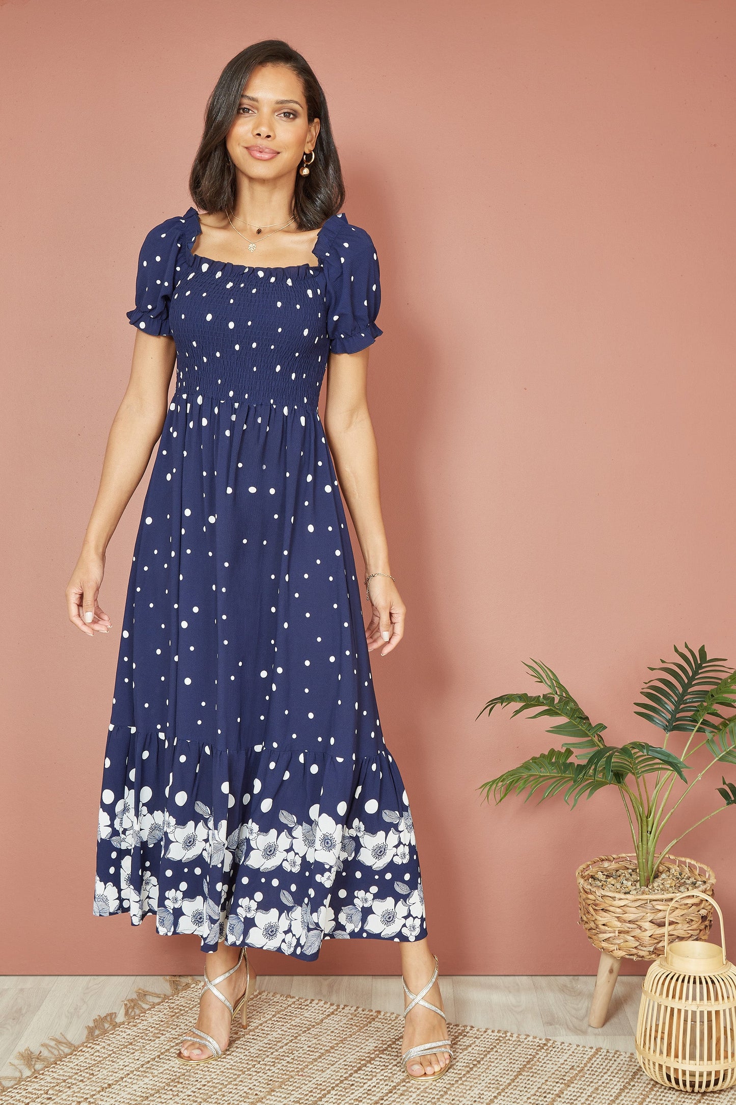 Yumi Navy Spot And Floral Print Border Ruched Midi Dress