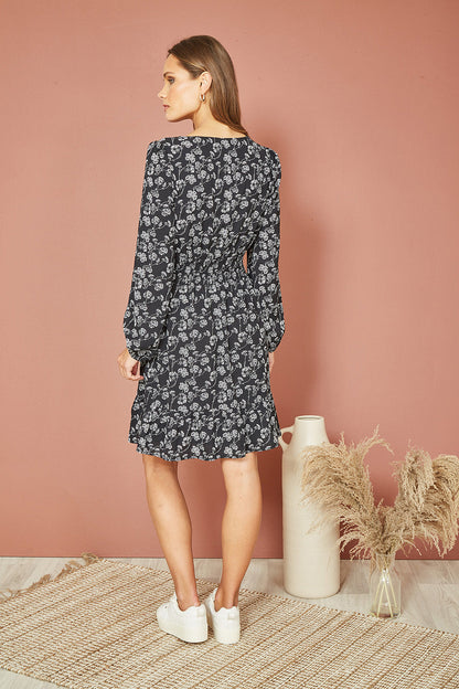 Mela Black Floral Print Ruched Waist Long Sleeve Skater Dress