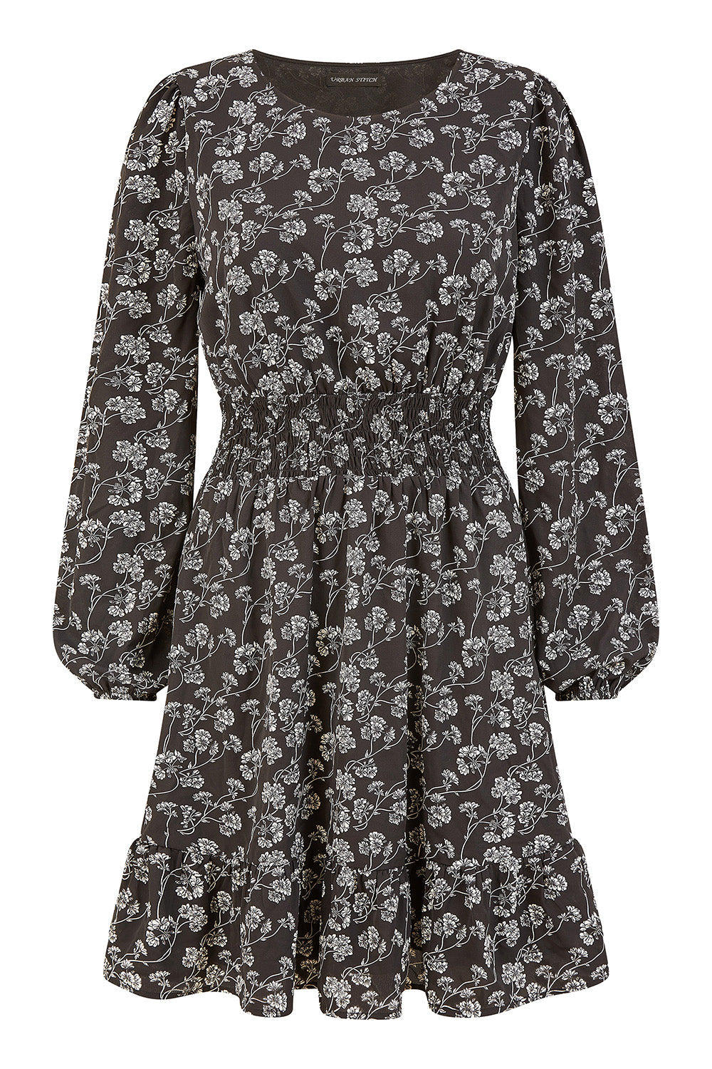 Mela Black Floral Print Ruched Waist Long Sleeve Skater Dress