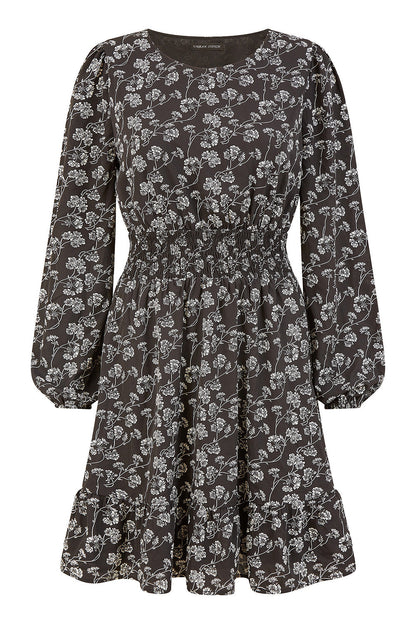 Mela Black Floral Print Ruched Waist Long Sleeve Skater Dress