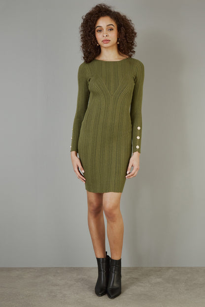 Yumi Green Shimmer Fitted Midi Dress With Button