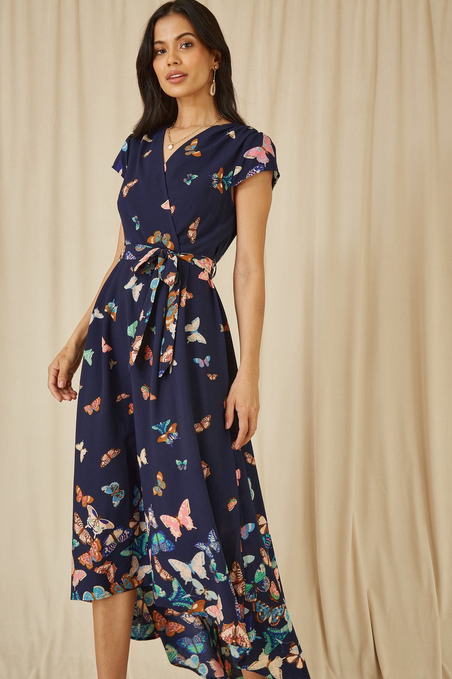 Yumi Navy Butterfly Print Dip Hem Midi Wrap Dress