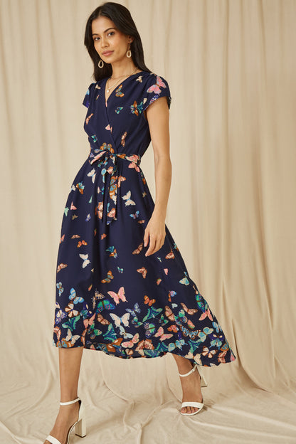 Yumi Navy Butterfly Print Dip Hem Midi Wrap Dress