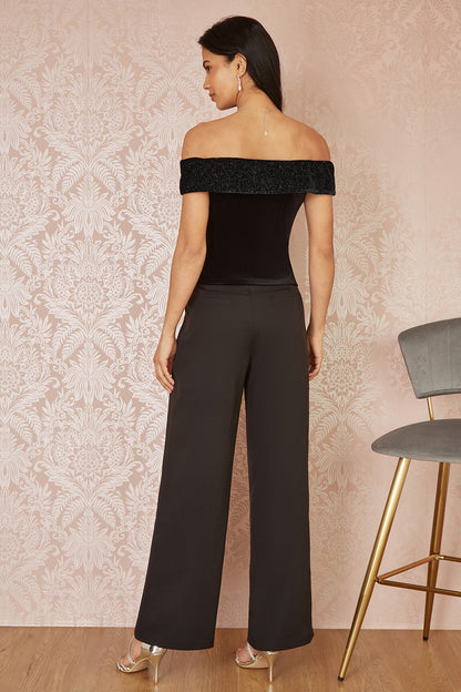 Mela Black Sparkle Black Velvet Bow Bardot Top