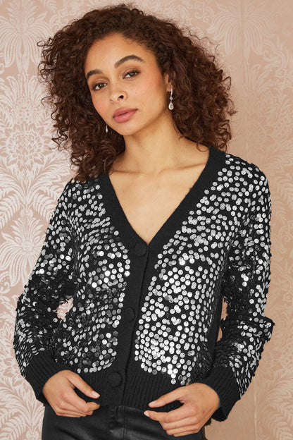 Mela Black Sequin Knitted Cardigan