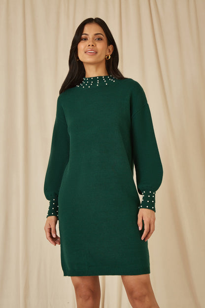 Yumi Green Pearl Detail Knitted Relaxed Jumper Dress