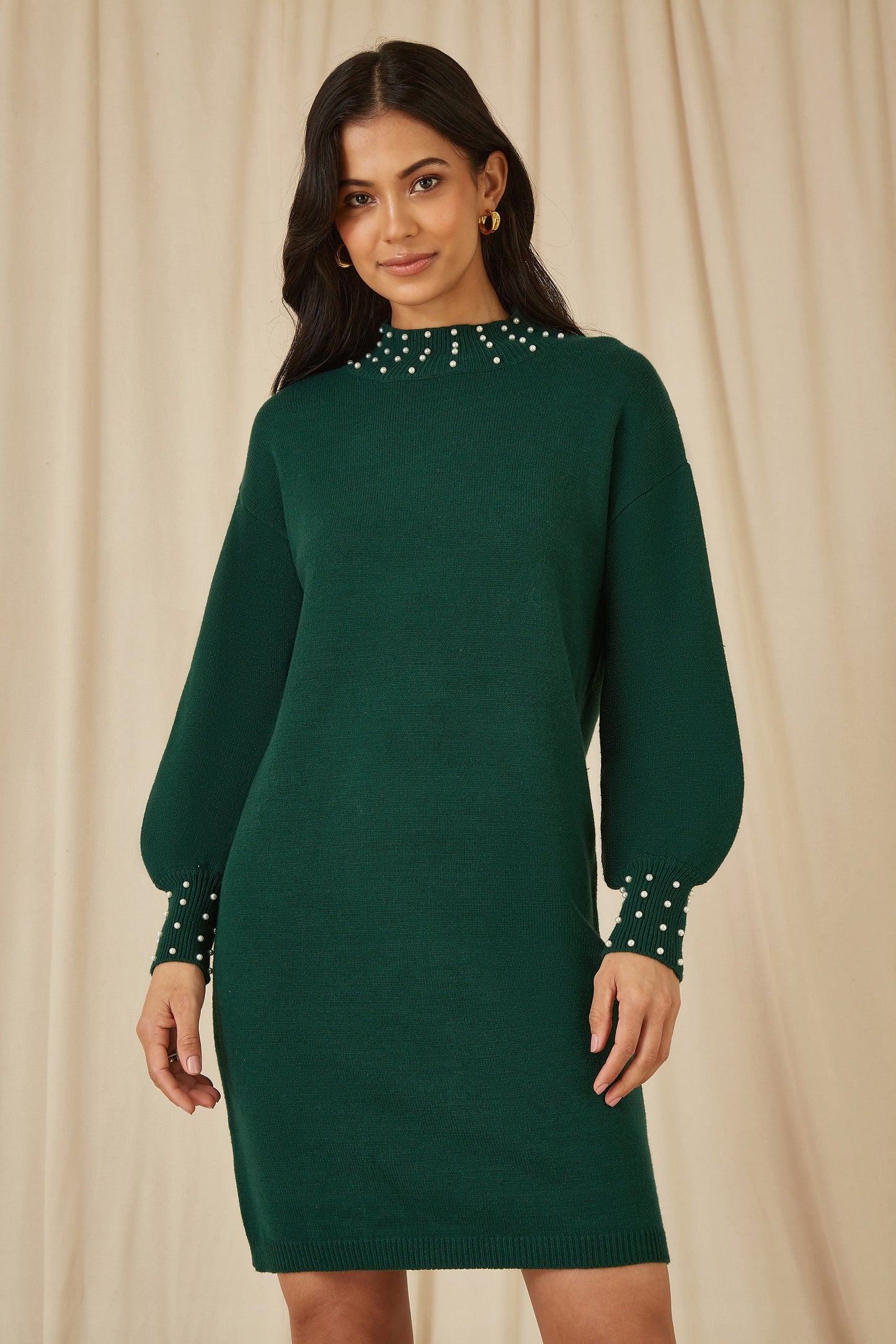 Yumi Green Pearl Detail Knitted Relaxed Jumper Dress