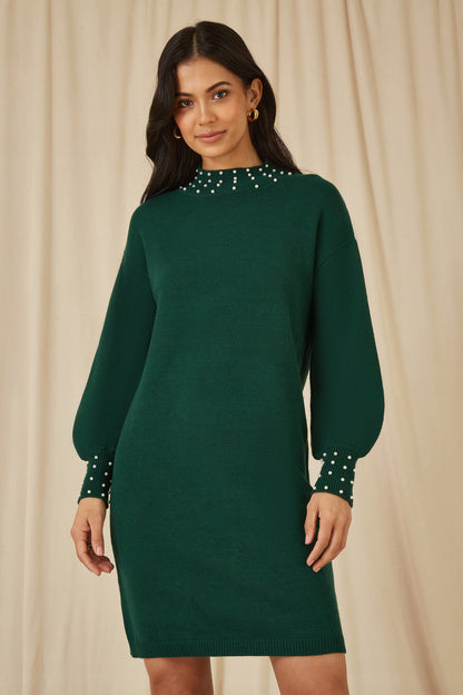 Yumi Green Pearl Detail Knitted Relaxed Jumper Dress