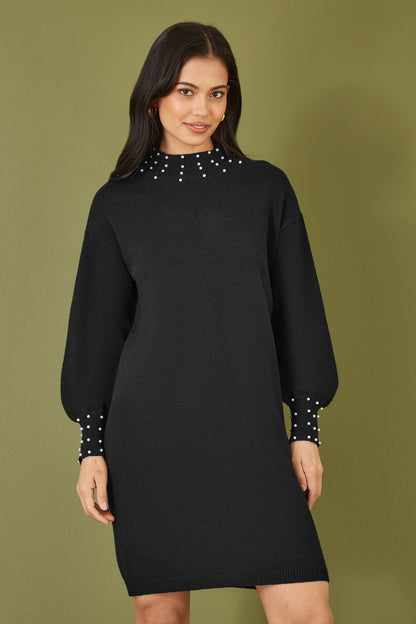 Yumi Black Pearl Detail Knitted Relaxed Jumper Dress