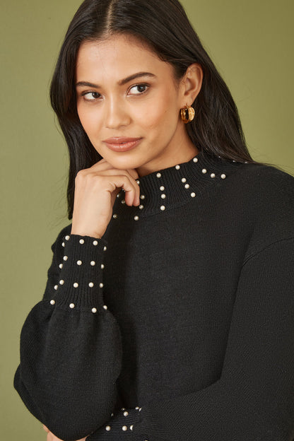 Yumi Black Pearl Detail Knitted Relaxed Jumper Dress