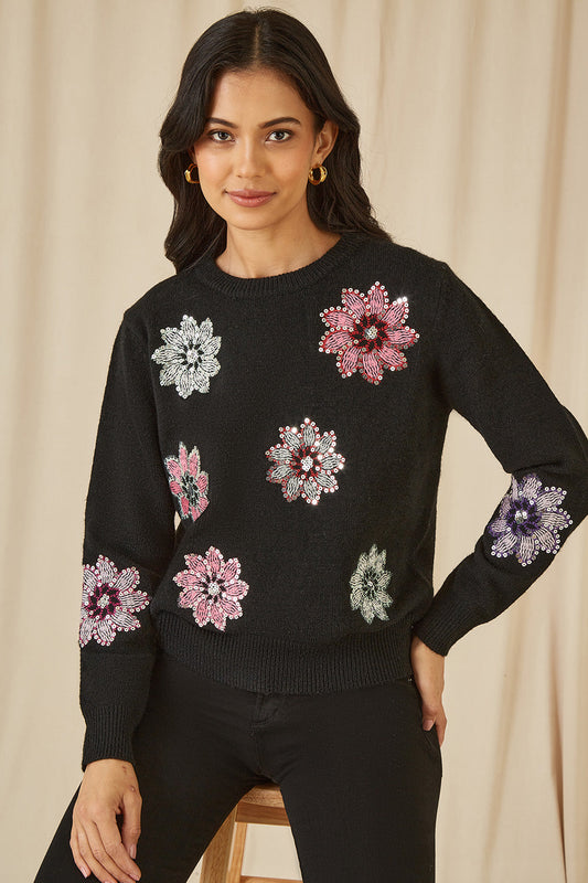 Mela Black Sequin Flower Jumper