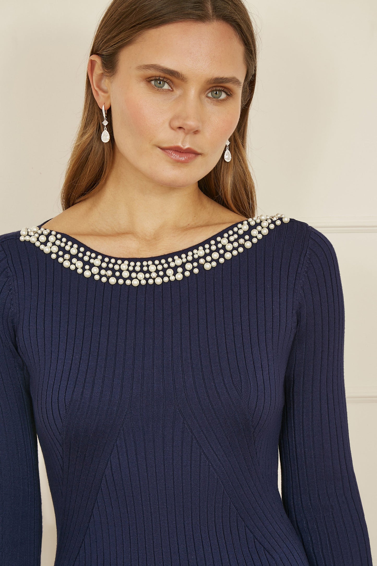 Yumi Navy Pearl Neckline Fitted Midi Knitted Dress
