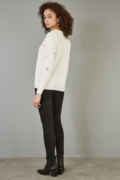 Yumi Cream Gold Foil Star Print Relaxed Fit Jumper