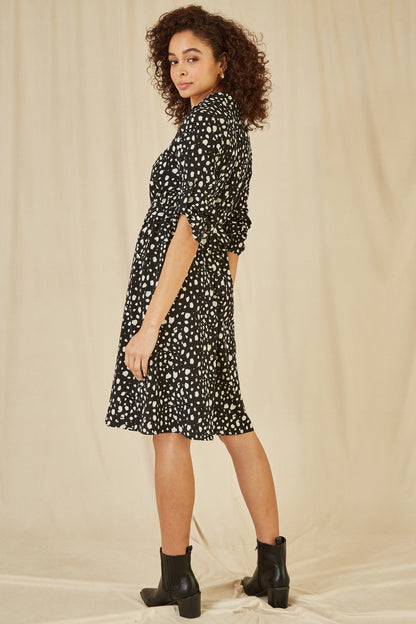 Mela Black Dash Print Skater Dress With Buckle