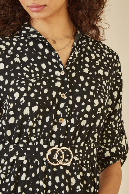 Mela Black Dash Print Skater Dress With Buckle