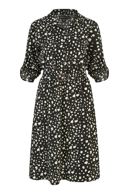 Mela Black Dash Print Skater Dress With Buckle