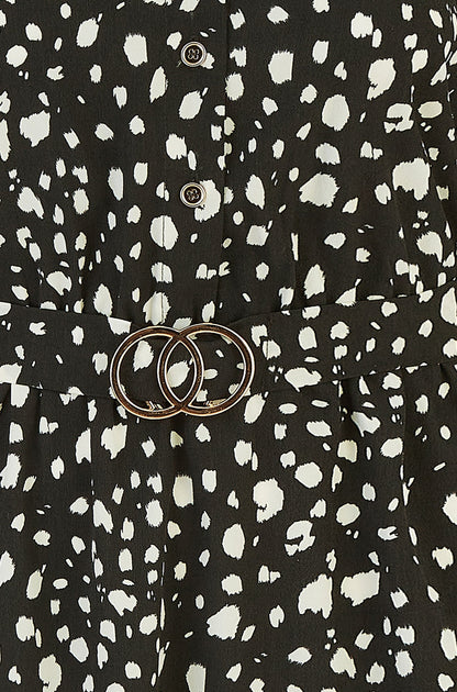 Mela Black Dash Print Skater Dress With Buckle