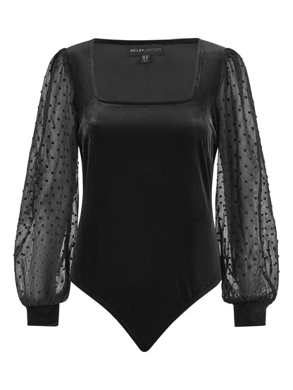 Mela Black Velvet Bodysuit With Sheer Sleeves And Square Neckline