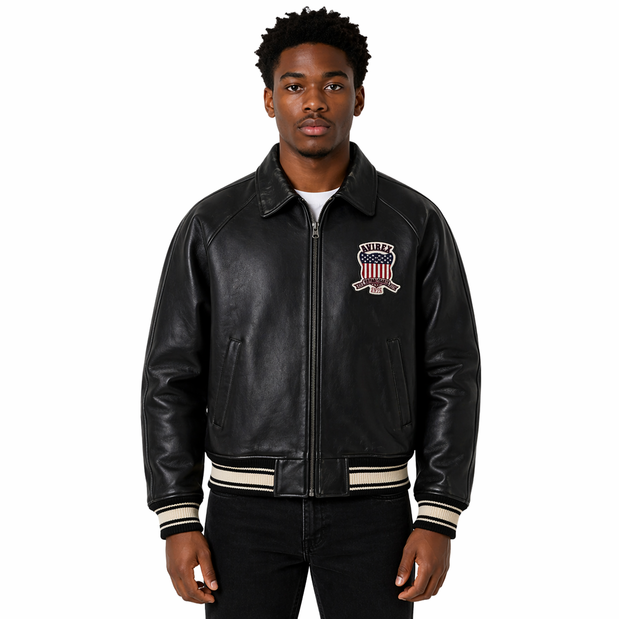 Men's Avirex Real Leather Jacket, Black Flight Bomber, American Varsity Style | Black