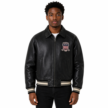 Men's Avirex Real Leather Jacket, Black Flight Bomber, American Varsity Style | Black