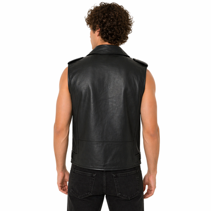 Men's Leather Biker Vest with Zipper, Belted Waist | Black