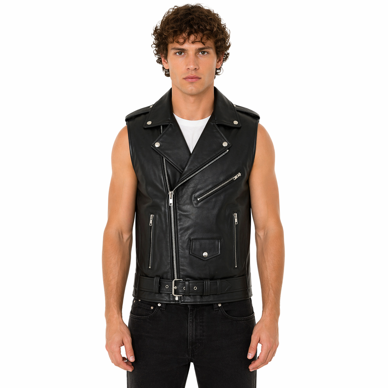 Men's Leather Biker Vest with Zipper, Belted Waist | Black