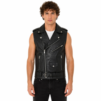 Men's Leather Biker Vest with Zipper, Belted Waist | Black