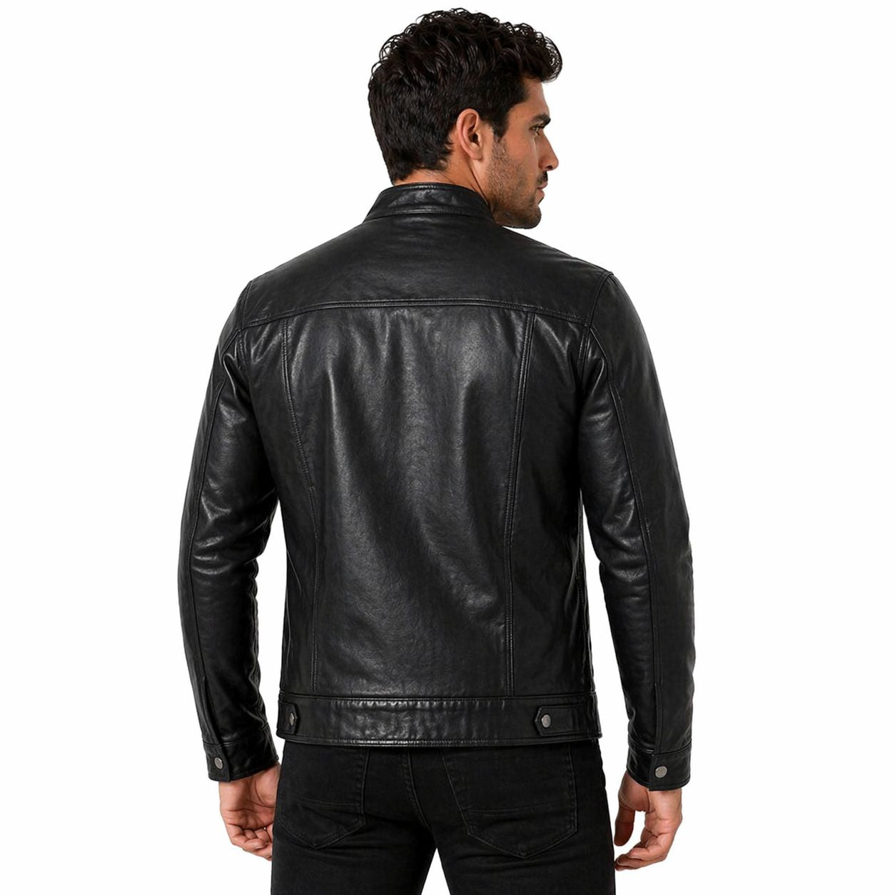 Men's Leather Biker Jacket with Red Stripes, Zip Front | Black