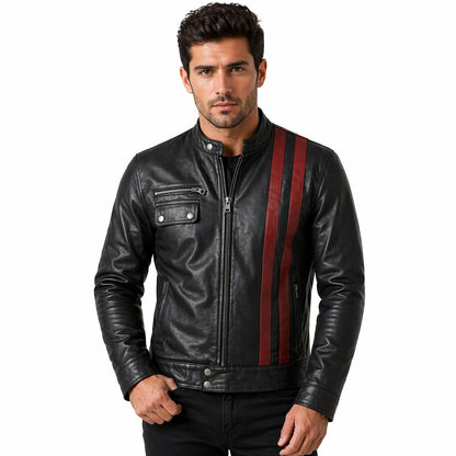 Men's Leather Biker Jacket with Red Stripes, Zip Front | Black