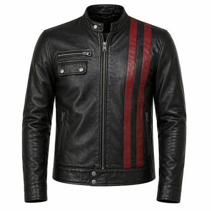Men's Leather Biker Jacket with Red Stripes, Zip Front | Black