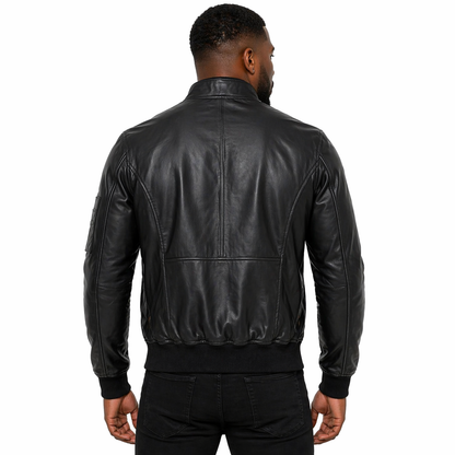 Men's Leather Bomber Jacket, Zip Front, Multiple Pockets | Black