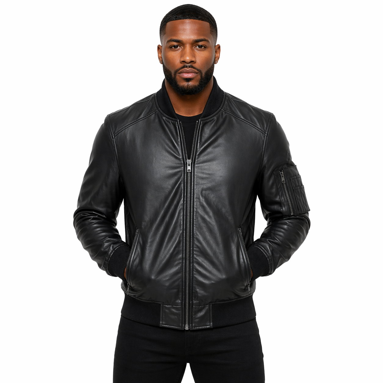 Men's Leather Bomber Jacket, Zip Front, Multiple Pockets | Black