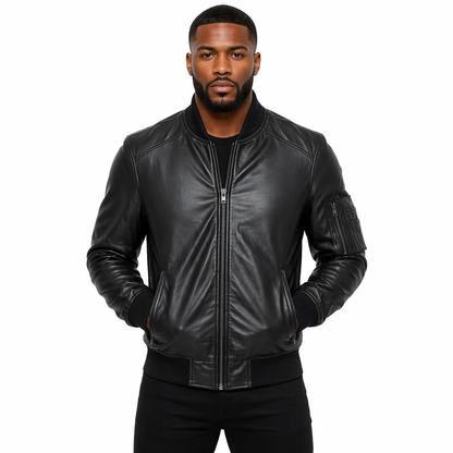 Men's Leather Bomber Jacket, Zip Front, Multiple Pockets | Black