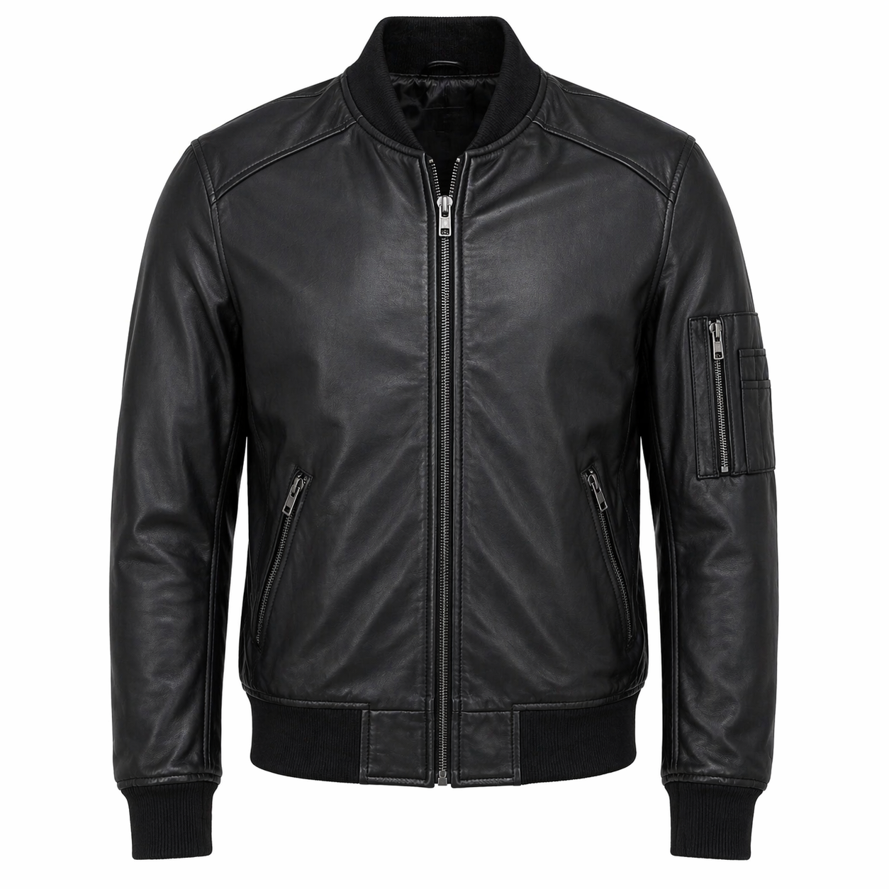 Men's Leather Bomber Jacket, Zip Front, Multiple Pockets | Black