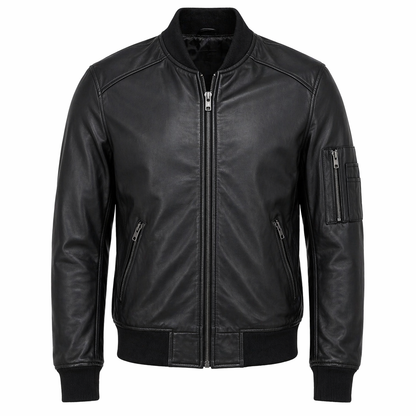 Men's Leather Bomber Jacket, Zip Front, Multiple Pockets | Black