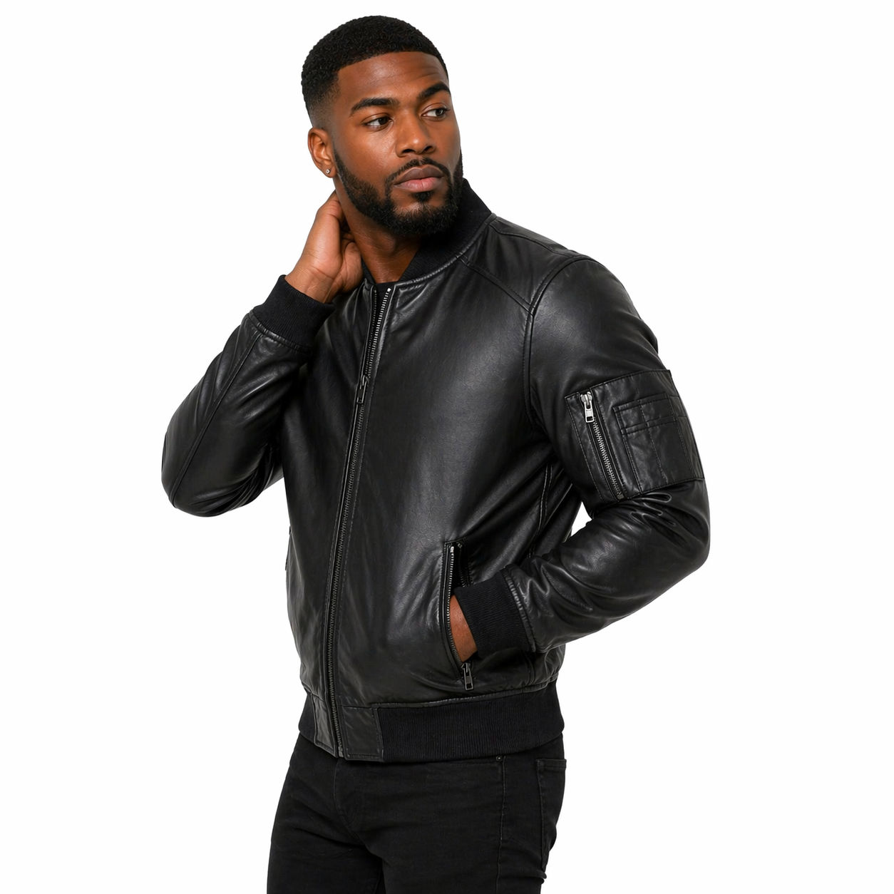 Men's Leather Bomber Jacket, Zip Front, Multiple Pockets | Black