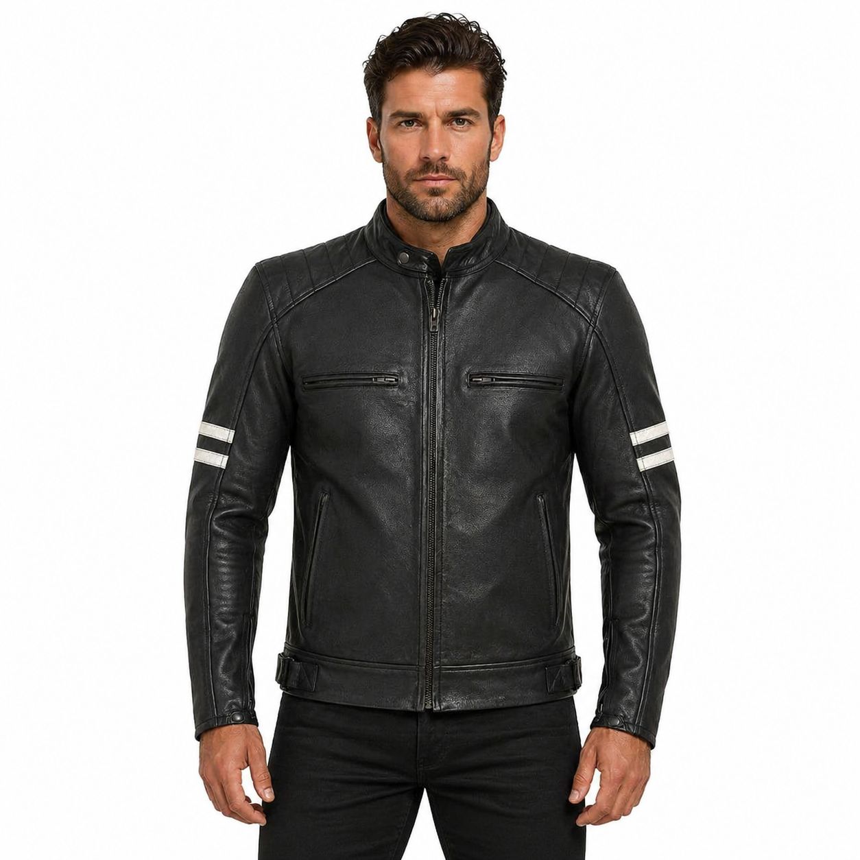 Men's Motor Cycle Leather Jacket with white Stripes Black Shoulders | Black