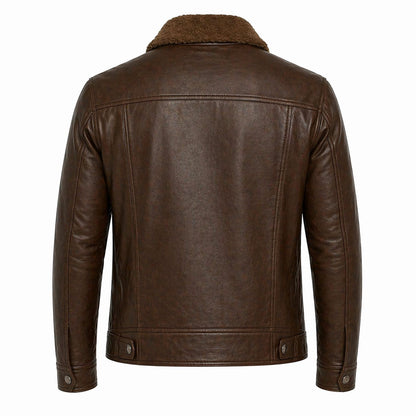 Men's Shiny Leather Jacket with Shearling Collar | Shiny Brown