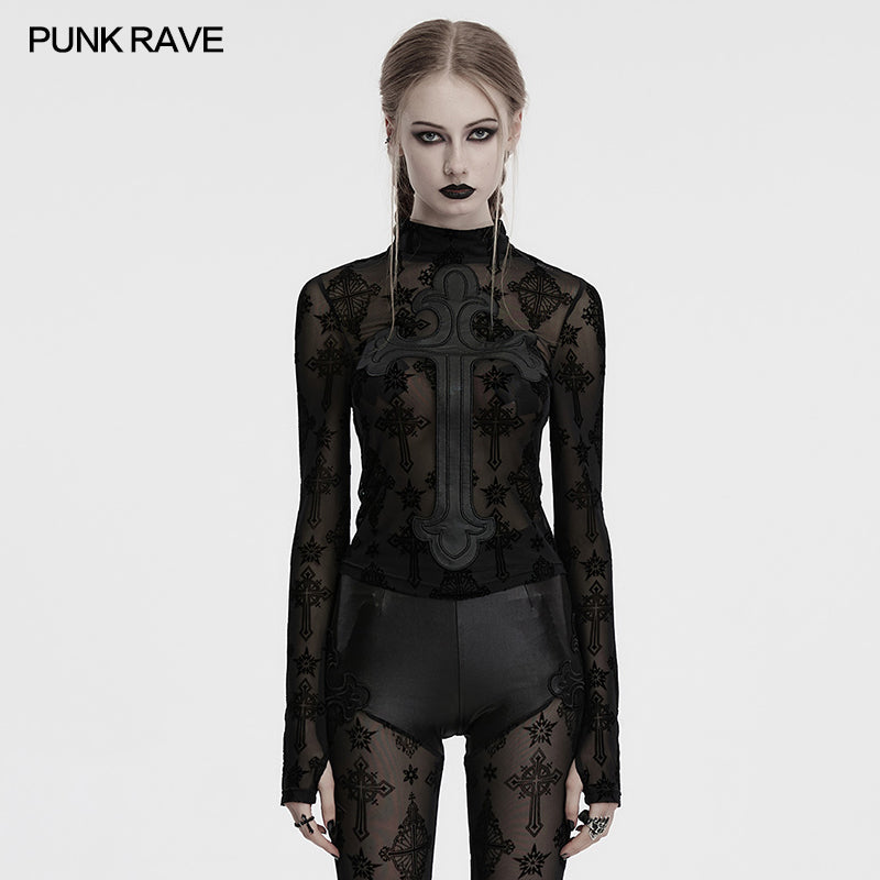 Punk Rave Morrigan Cross Embroidered Mesh Top
