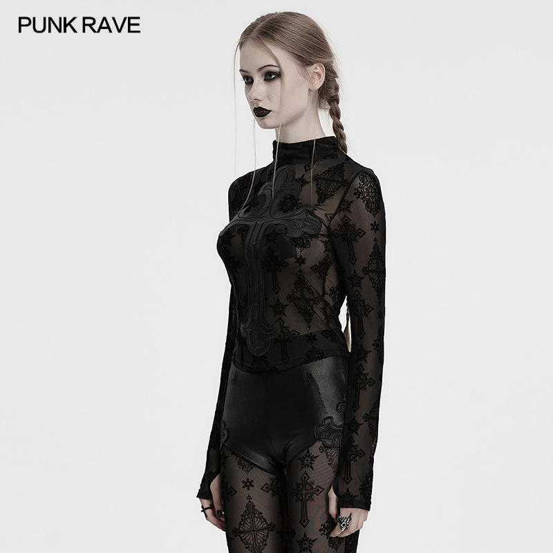 Punk Rave Morrigan Cross Embroidered Mesh Top