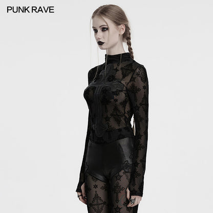 Punk Rave Morrigan Cross Embroidered Mesh Top