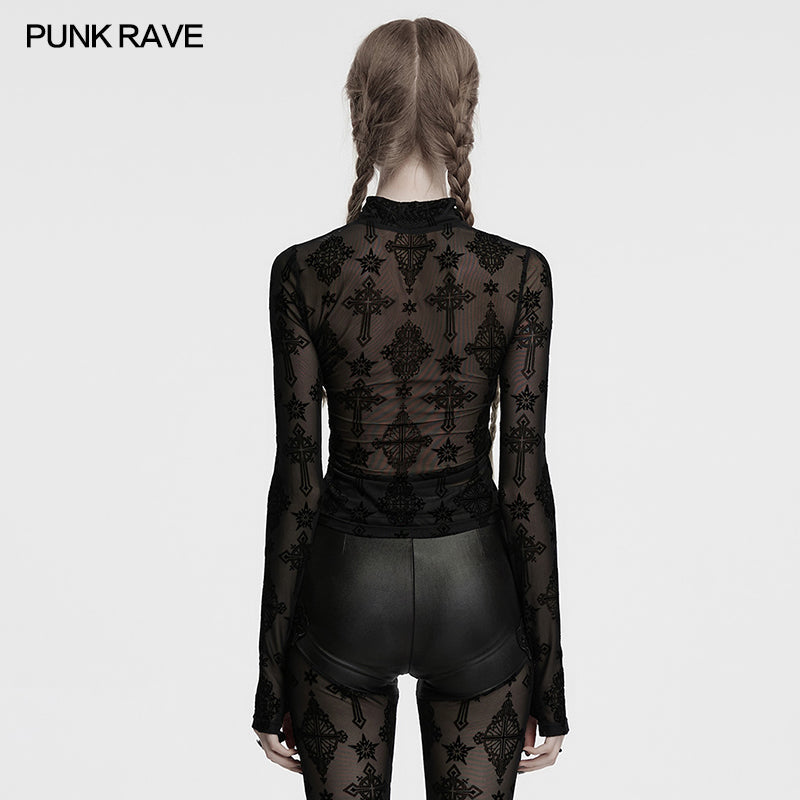 Punk Rave Morrigan Cross Embroidered Mesh Top