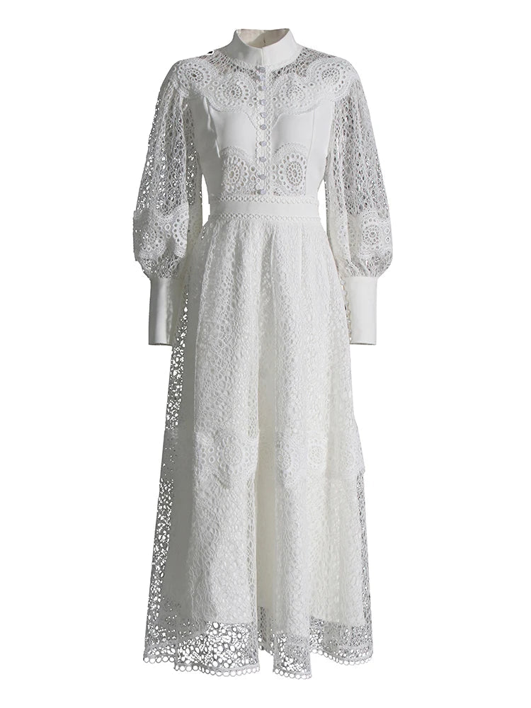 Hollow Out Patchwork Embroidery Stand Collar Lantern Sleeve High Waist Elegant Dresses For Women