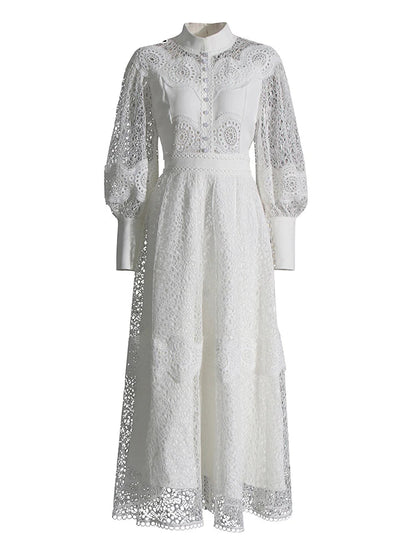 Hollow Out Patchwork Embroidery Stand Collar Lantern Sleeve High Waist Elegant Dresses For Women