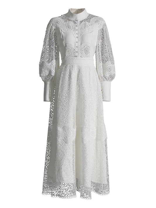 Hollow Out Patchwork Embroidery Stand Collar Lantern Sleeve High Waist Elegant Dresses For Women