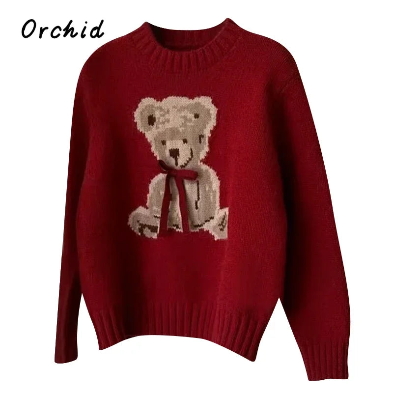 Christmas Sweet Style Knitting Long Sleeve Casual Pullovers 2025 Winter Women Lovely Jumpers Bow Round Neck Ladies Red Sweater