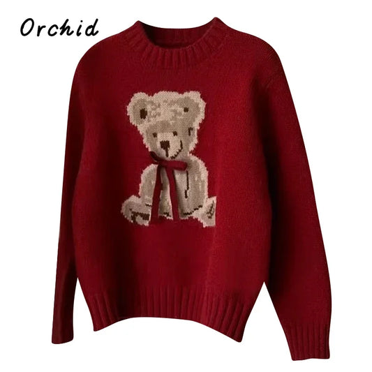 Christmas Sweet Style Knitting Long Sleeve Casual Pullovers 2025 Winter Women Lovely Jumpers Bow Round Neck Ladies Red Sweater
